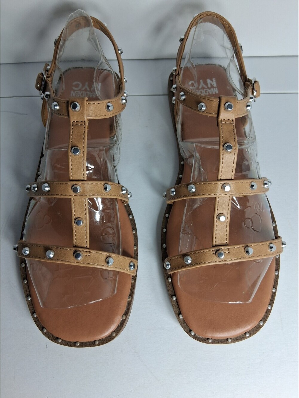 Steve Madden NYC Women's Studded Tan Strappy Buckle Sandals, Size 6